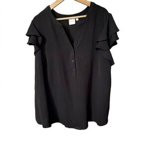 ZAC & RACHEL Black Flutter Sleeve Career Blouse Chic Button Front Top Size 2X